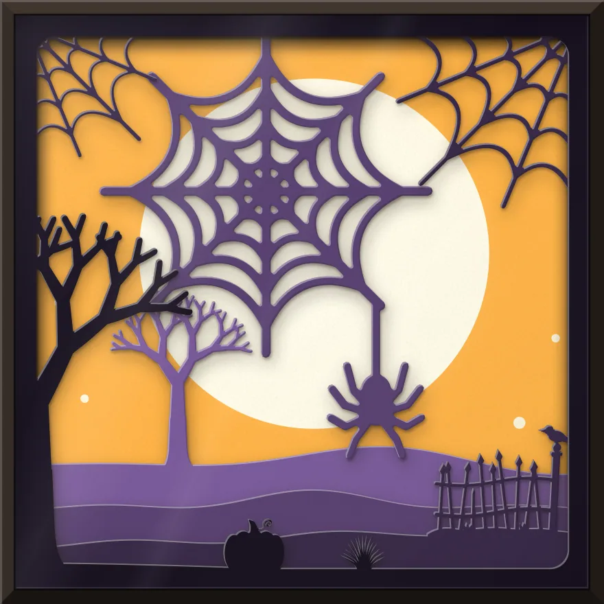 Spider on its web shadow box: 5 layered sheets seen from the front