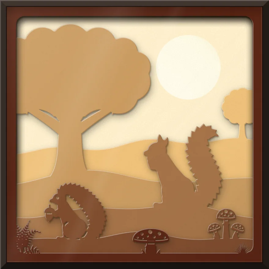 Squirrels under the oak shadow box: 6 layered sheets seen from the front