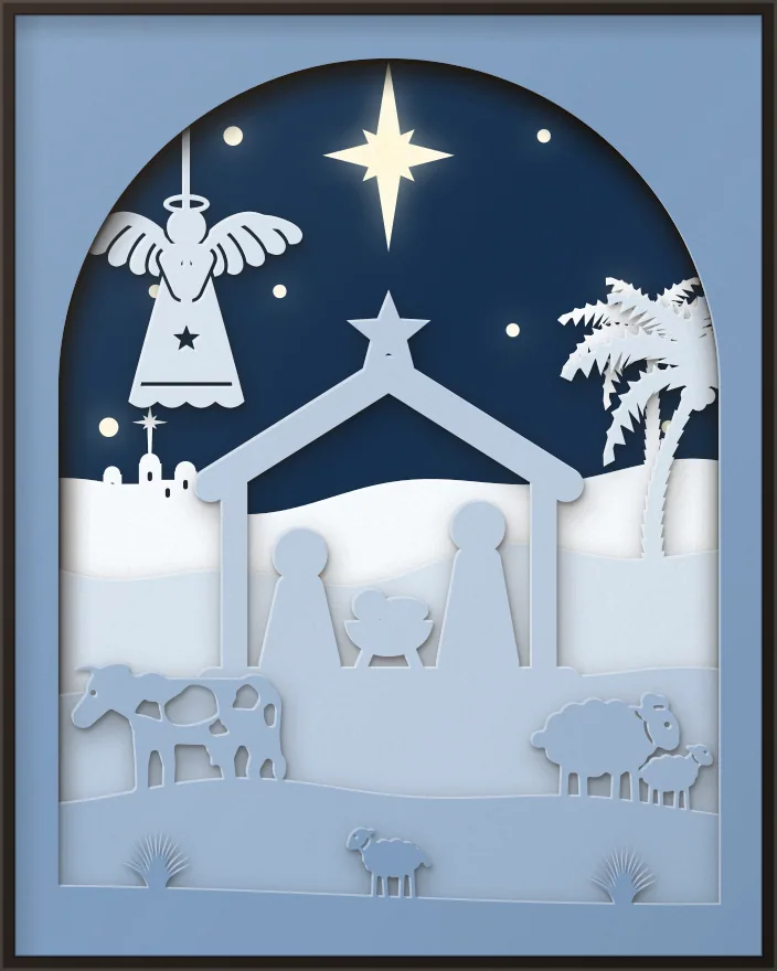 Stable and angel shadow box: 6 layered sheets seen from the front