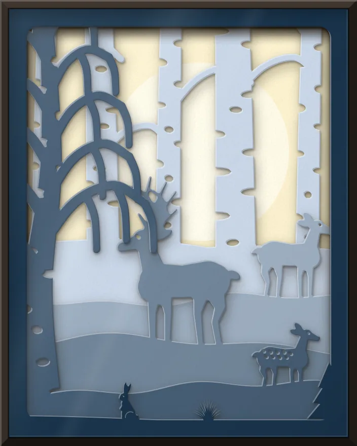 Stag in the birch wood shadow box: 6 layered sheets seen from the front