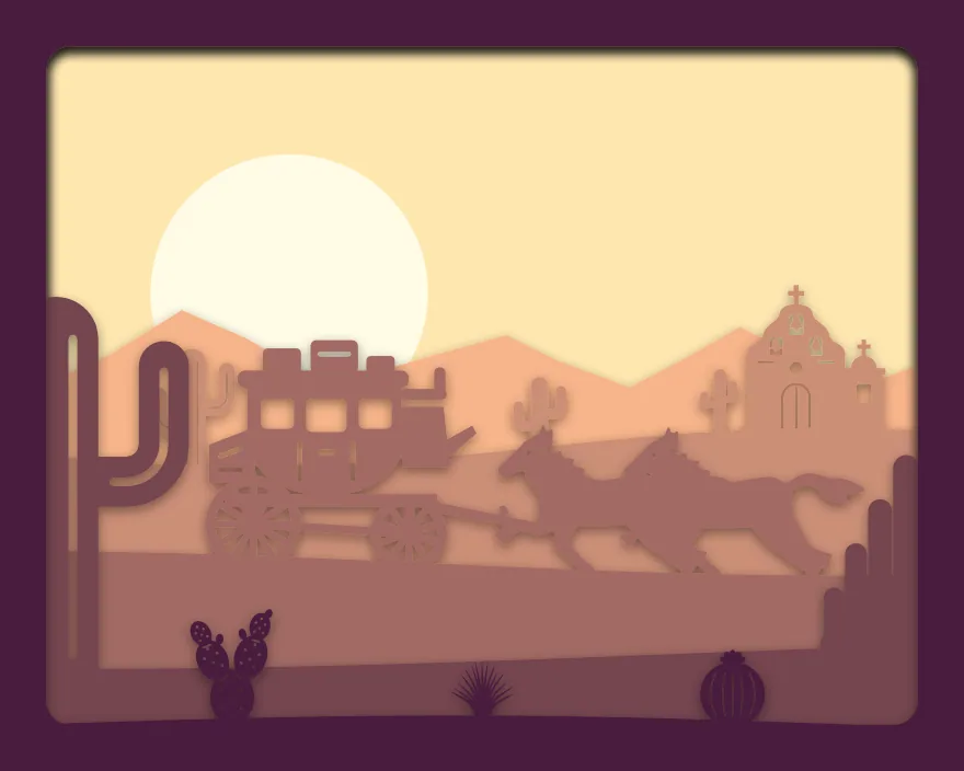 Wild West stagecoach shadow box: 6 layered sheets seen from the front
