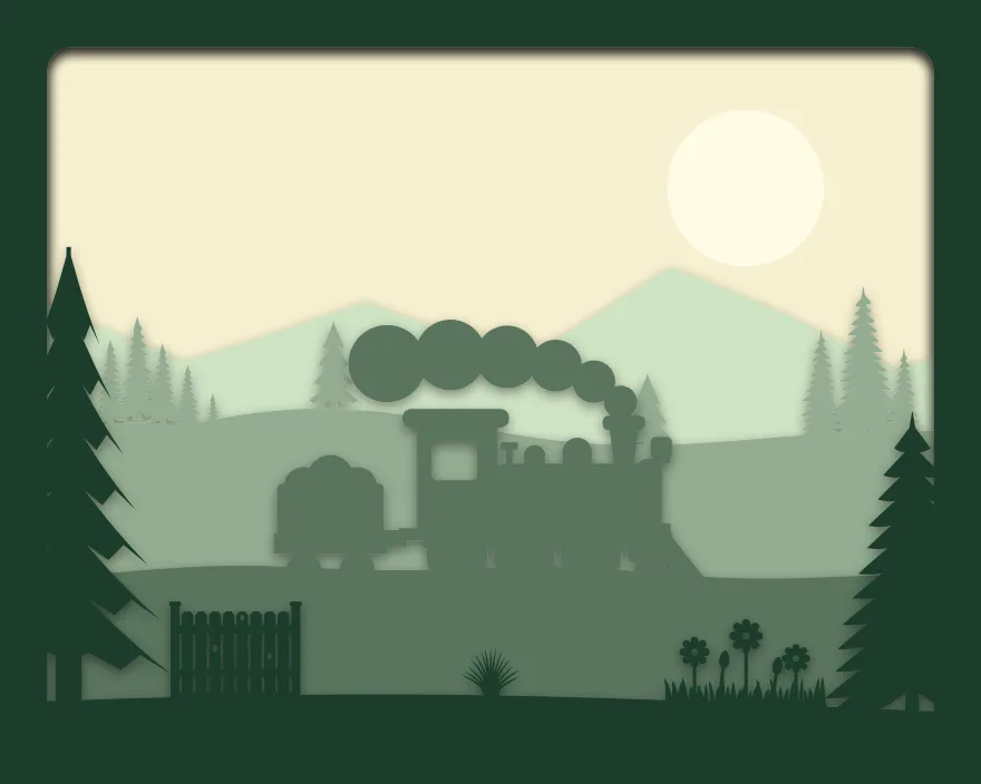 Steam train shadow box: 5 layered sheets seen from the front