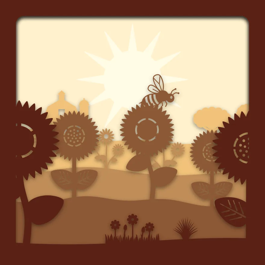 Sunflower field shadow box: 5 layered sheets seen from the front