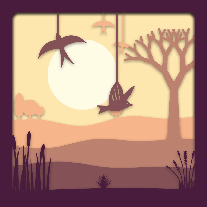 Swallows at sunset shadow box: 5 layered sheets seen from the front