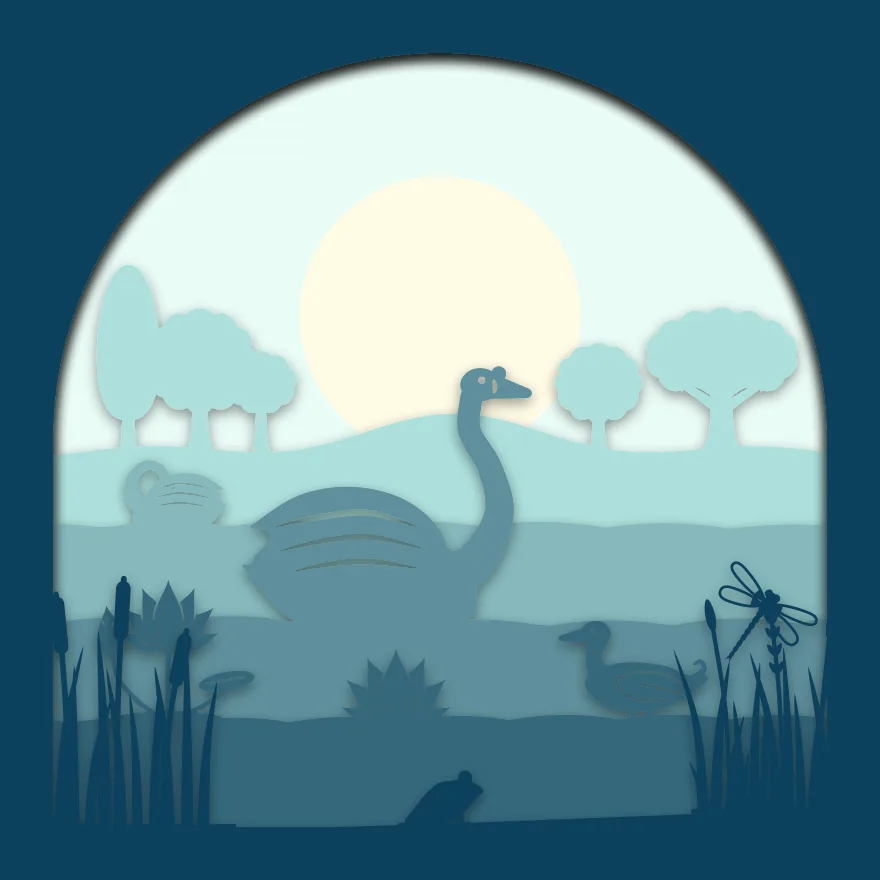 Swan pond shadow box: 6 layered sheets seen from the front