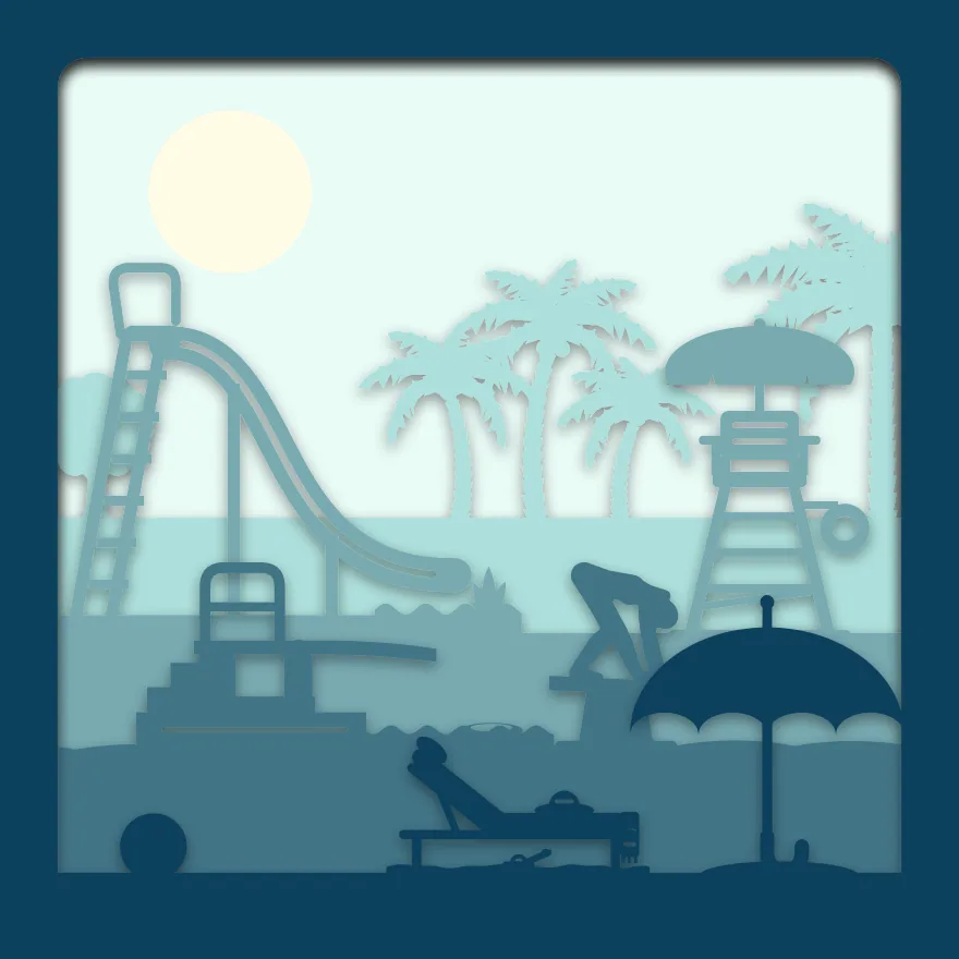 Swimming pool shadow box: 5 layered sheets seen from the front