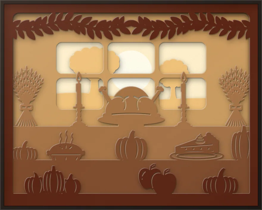 Thanksgiving table shadow box: 6 layered sheets seen from the front