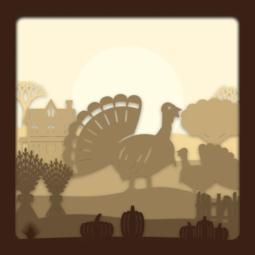 Thanksgiving turkey shadow box: 6 layered sheets seen from the front