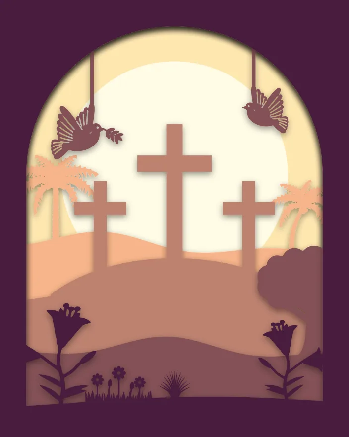 Three crosses shadow box: 5 layered sheets seen from the front