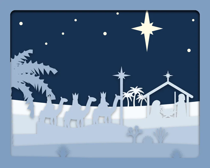 Three kings shadow box: 6 layered sheets seen from the front