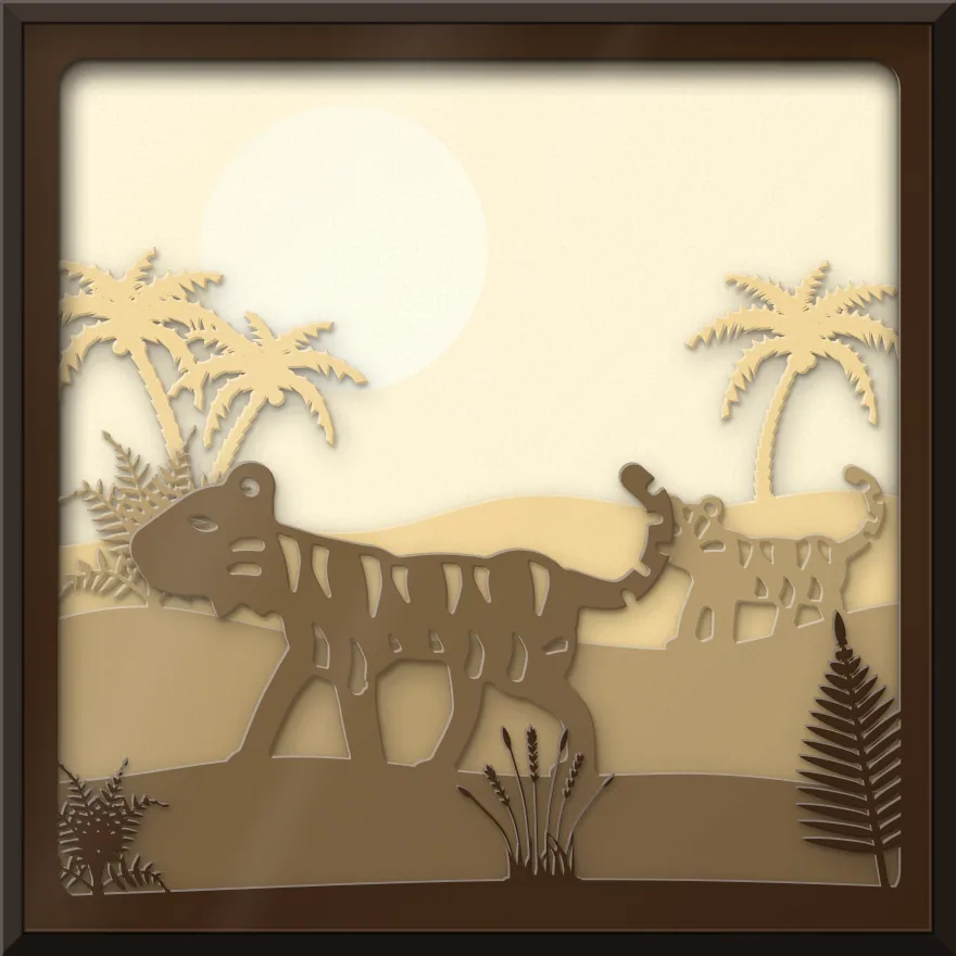Tiger in the jungle shadow box: 5 layered sheets seen from the front