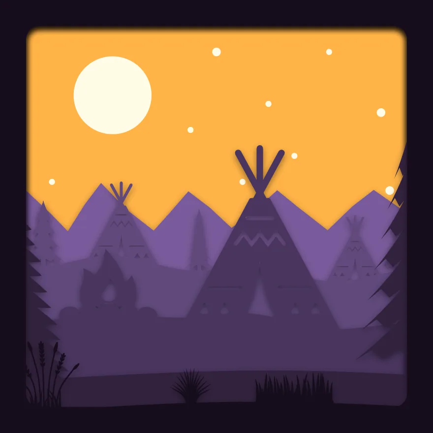 Tipi camp shadow box: 6 layered sheets seen from the front