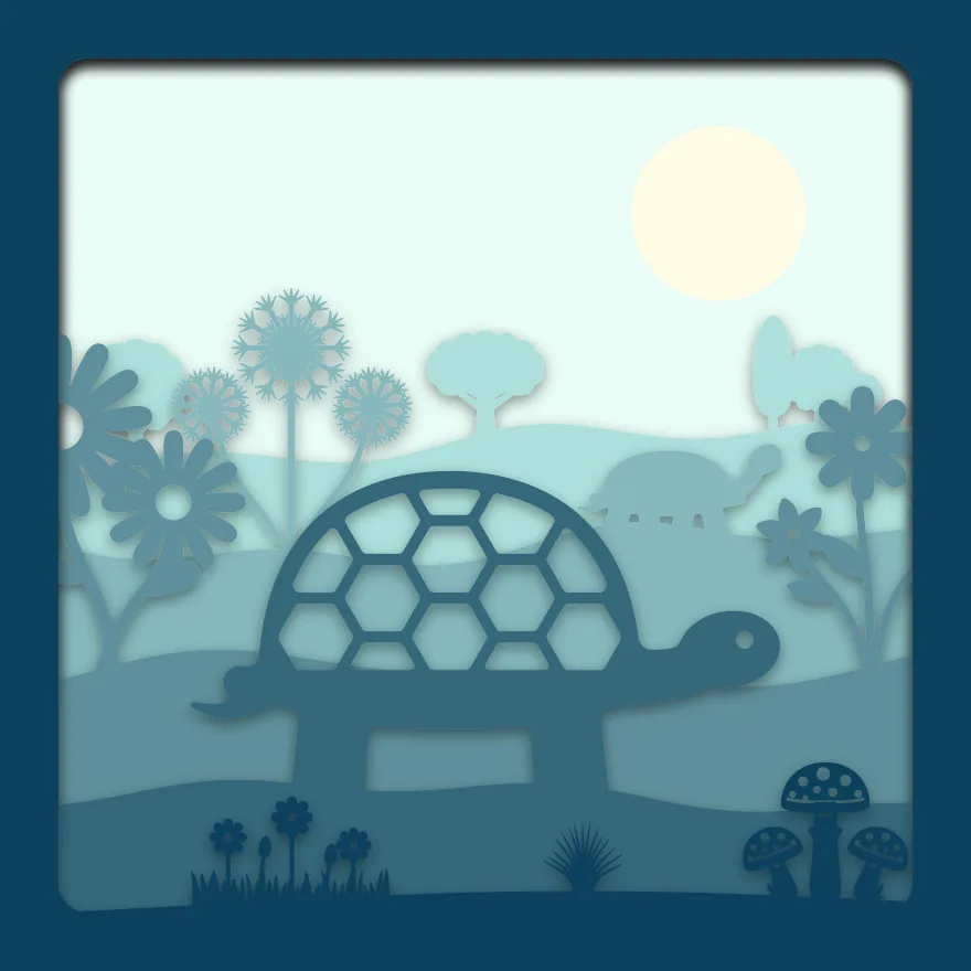 Tortoise in the garden shadow box: 6 layered sheets seen from the front