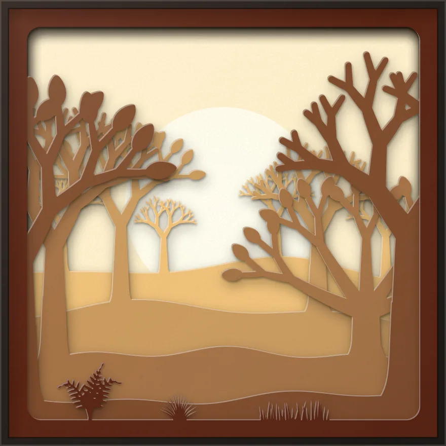 Trees at sunset shadow box: 6 layered sheets seen from the front