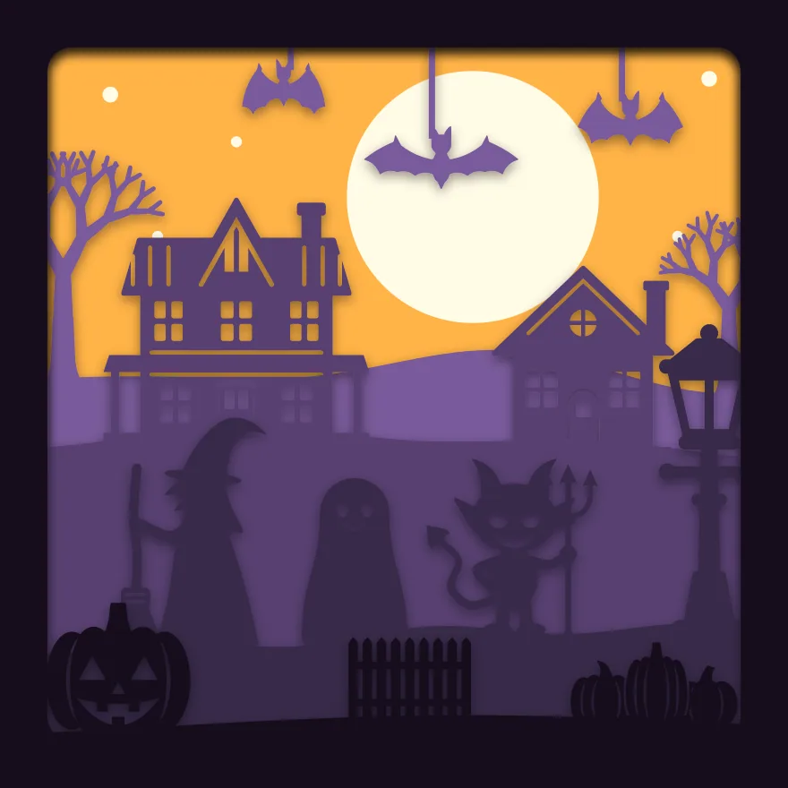 Trick or treat shadow box: 5 layered sheets seen from the front