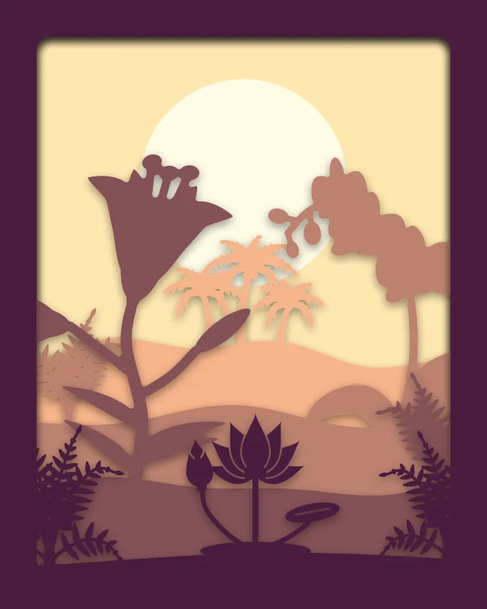 Tropical flowers shadow box: 5 layered sheets seen from the front