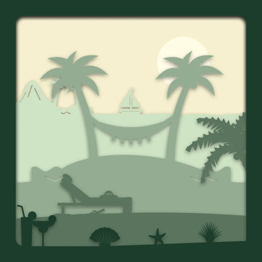 Tropical hammock shadow box: 5 layered sheets seen from the front