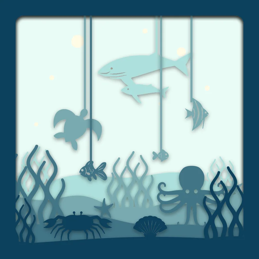 Under the sea shadow box: 5 layered sheets seen from the front