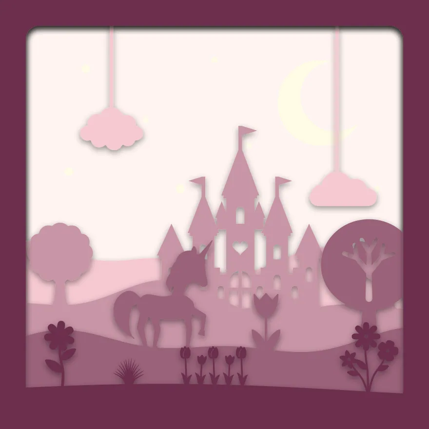 Unicorn castle shadow box: 5 layered sheets seen from the front
