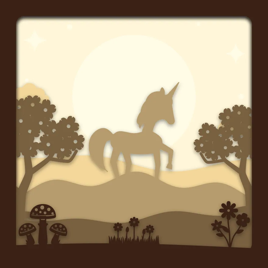 Unicorn and moon shadow box: 5 layered sheets seen from the front