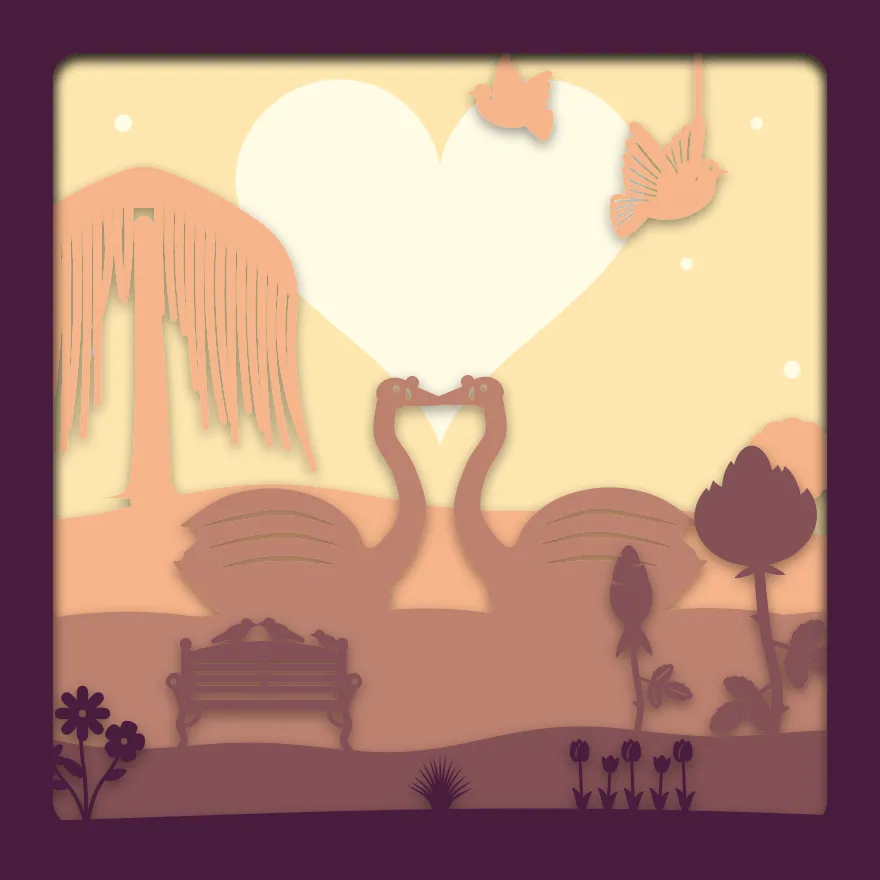 Valentine swans shadow box: 5 layered sheets seen from the front