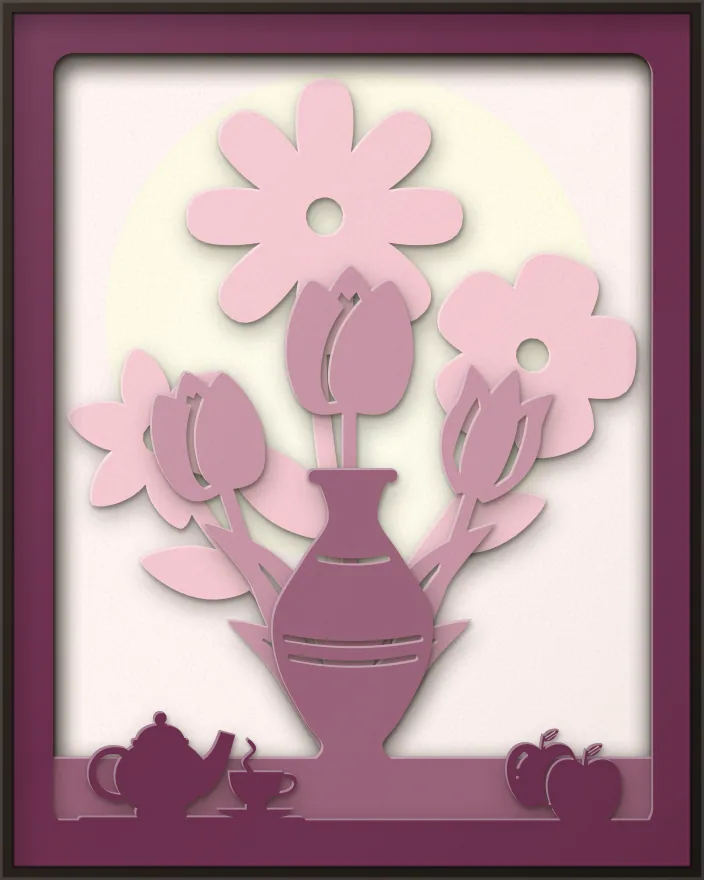 Vase of flowers shadow box: 5 layered sheets seen from the front