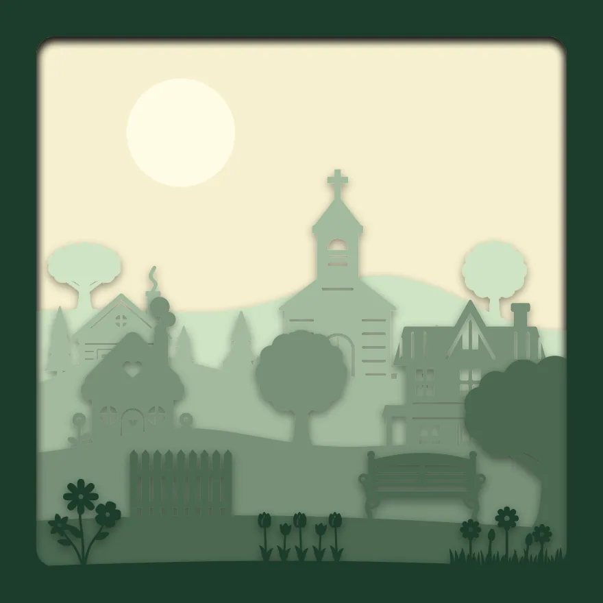 Village church shadow box: 6 layered sheets seen from the front