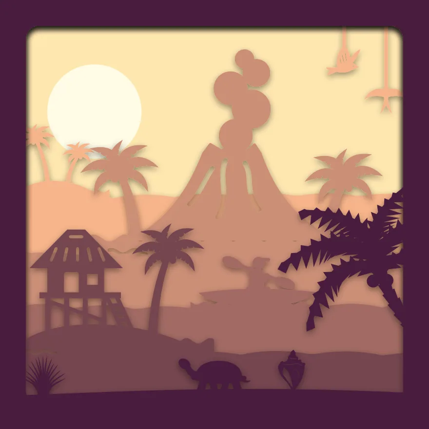 Volcano island shadow box: 6 layered sheets seen from the front