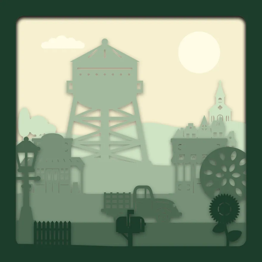 Small town water tower shadow box: 6 layered sheets seen from the front