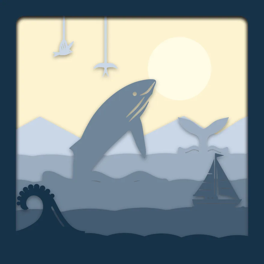Breaching whale shadow box: 6 layered sheets seen from the front