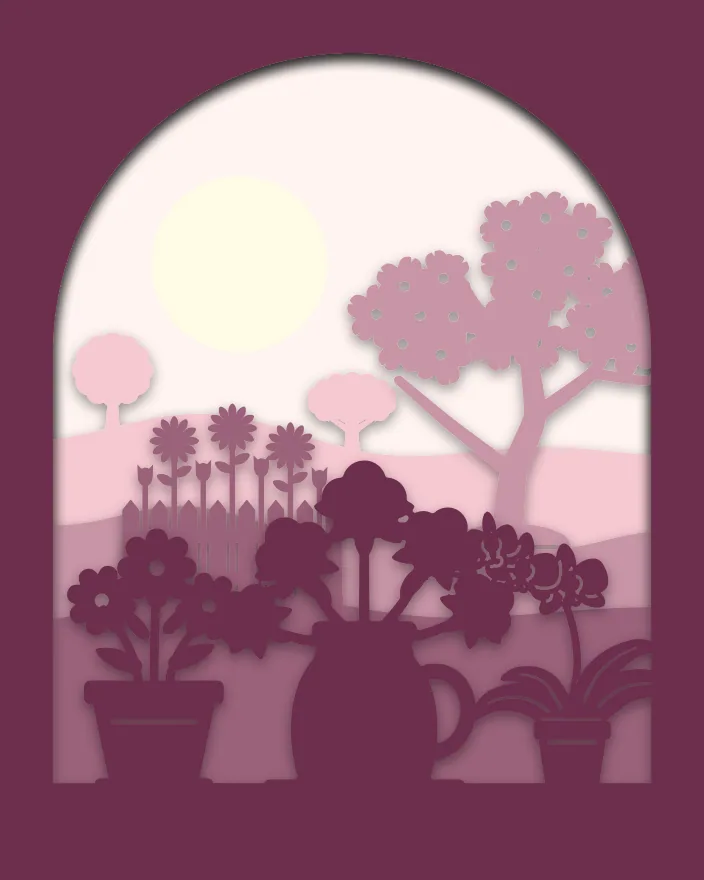 Flowers on the windowsill shadow box: 5 layered sheets seen from the front