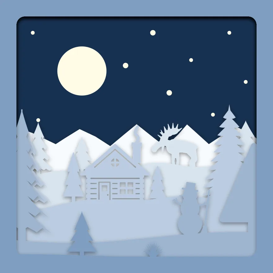 Winter cabin shadow box: 6 layered sheets seen from the front
