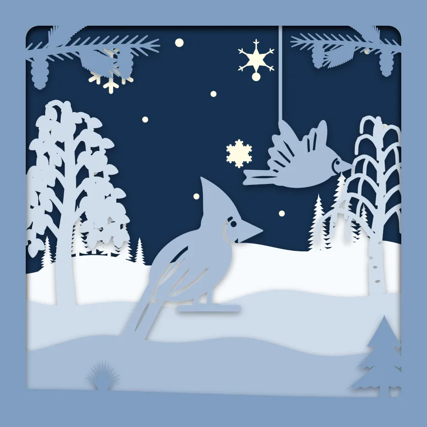 Winter cardinal shadow box: 5 layered sheets seen from the front