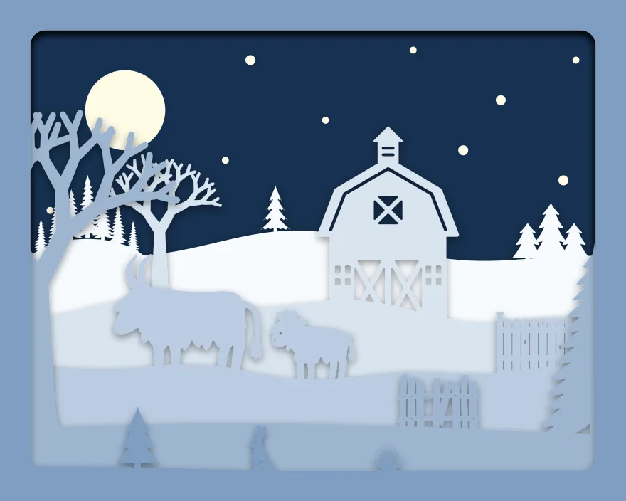 Winter farm shadow box: 6 layered sheets seen from the front