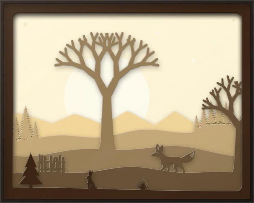 Winter moonrise shadow box: 6 layered sheets seen from the front