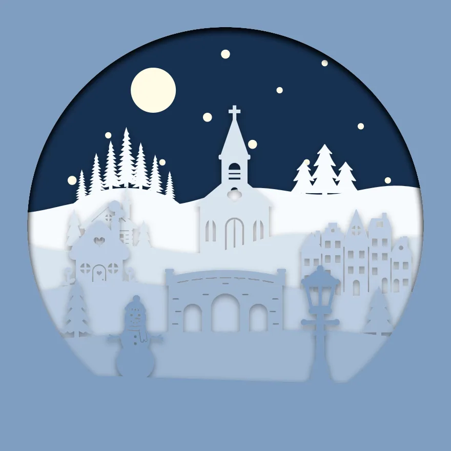 Winter village shadow box: 6 layered sheets seen from the front