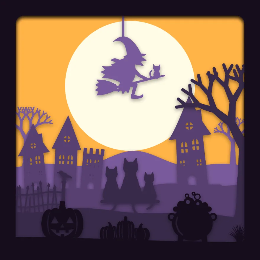 Witch and moon shadow box: 5 layered sheets seen from the front