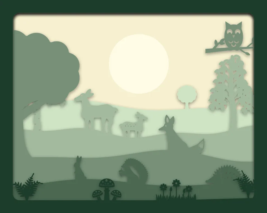 Woodland clearing shadow box: 6 layered sheets seen from the front