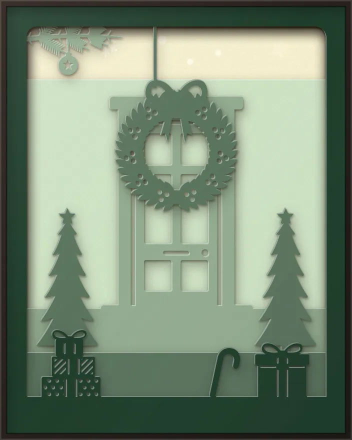 Christmas wreath on the door shadow box: 5 layered sheets seen from the front