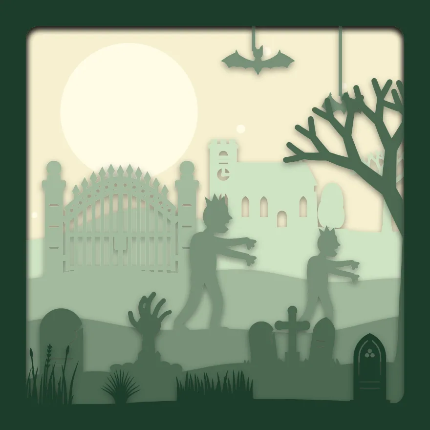 Zombie graveyard shadow box: 6 layered sheets seen from the front